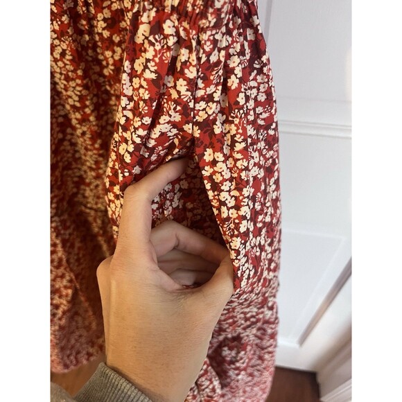 Apiece Apart Red Floral Midi Dress Organic Cotton Pockets Cut Out Back. SZ LG - Picture 6 of 10